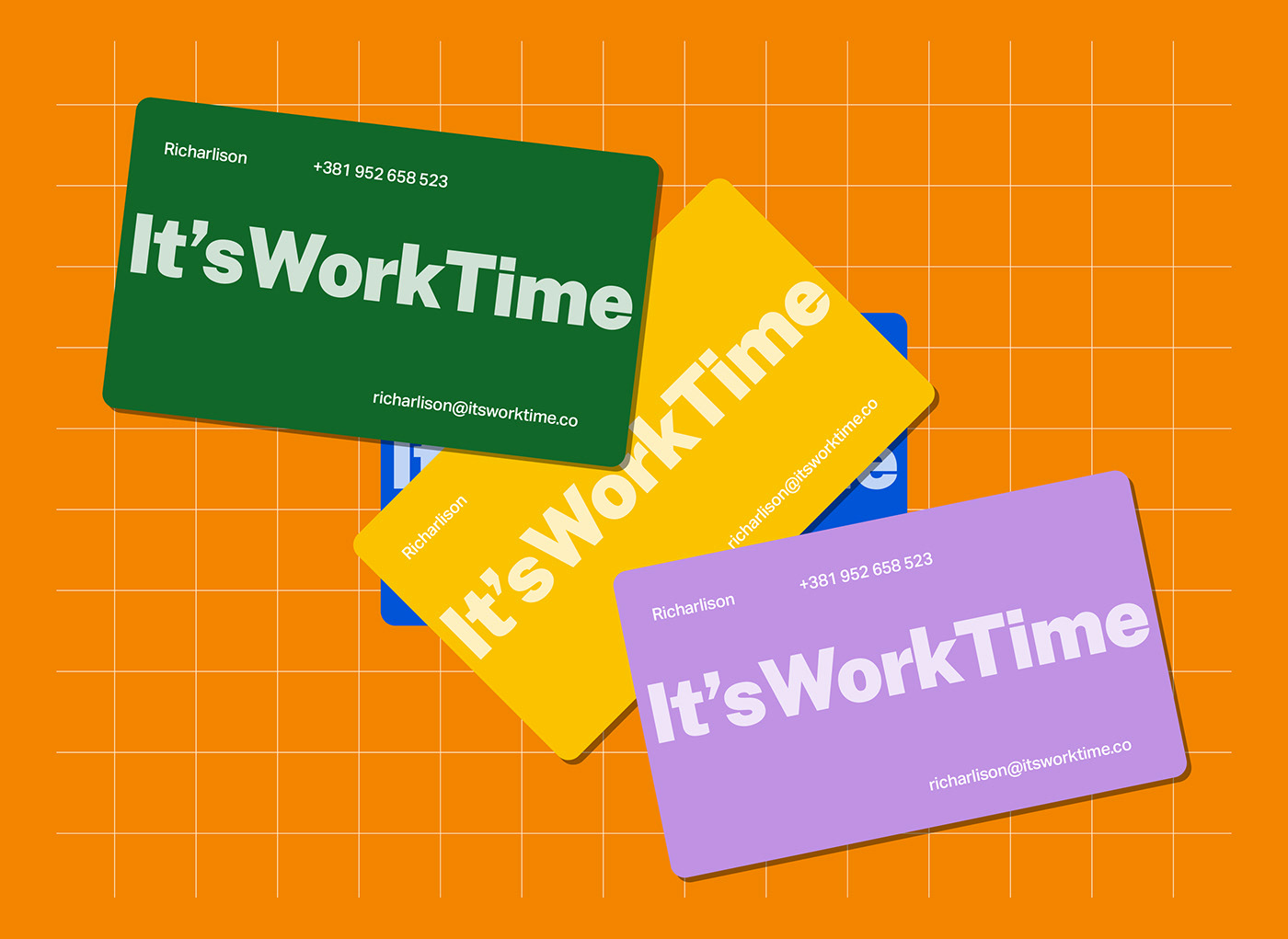 Colorful business cards for It'sWorkTime, highlighting the brand's visual identity.