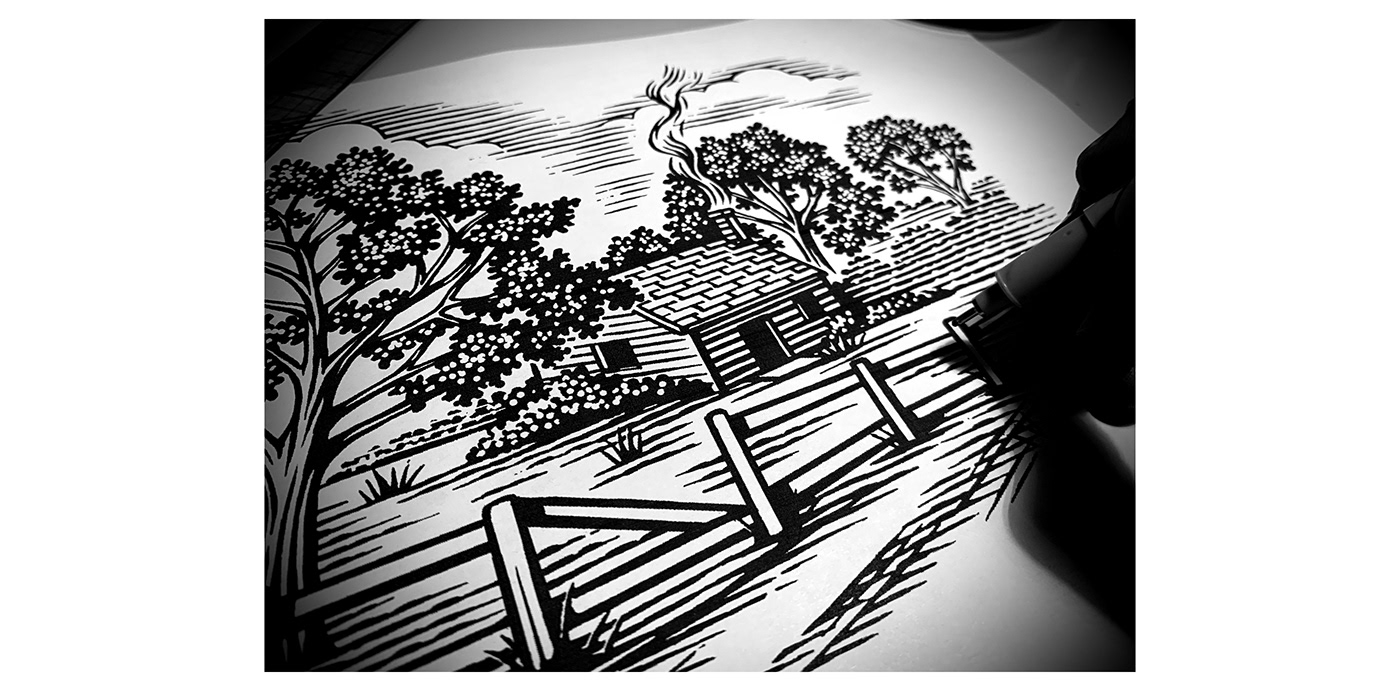 black and white Brnadmark line art linocuts logos scratchboard woodcut Steven Noble vintage illustration woodcut