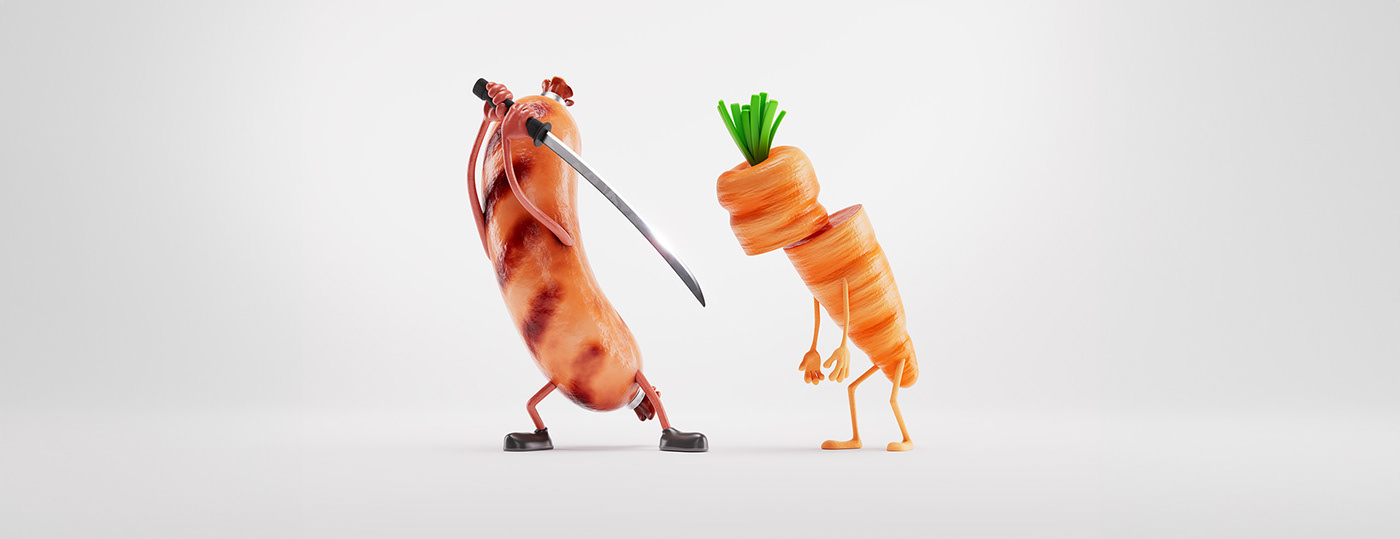 vegetables meat Plant Based 3D Character fast company editorial fight battle chracter design eggplant