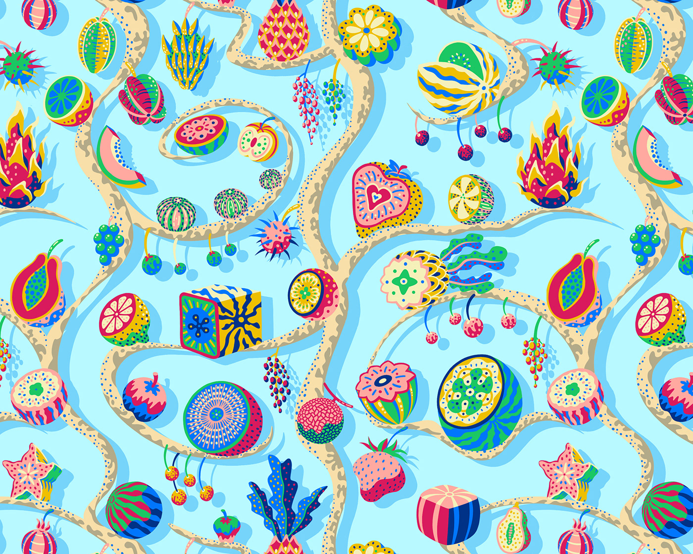 Digital illustration of a variety of fruits in a half-drop repeat pattern against a blue backdrop.