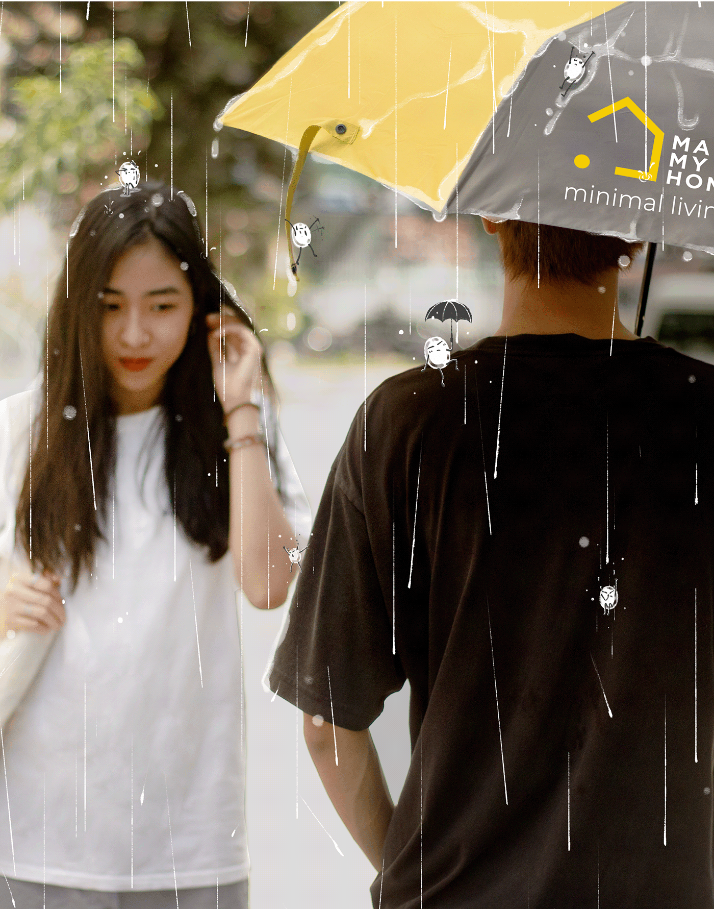 campaign couple design ILLUSTRATION  Photography  rain raincoat story teller Umbrella yellow