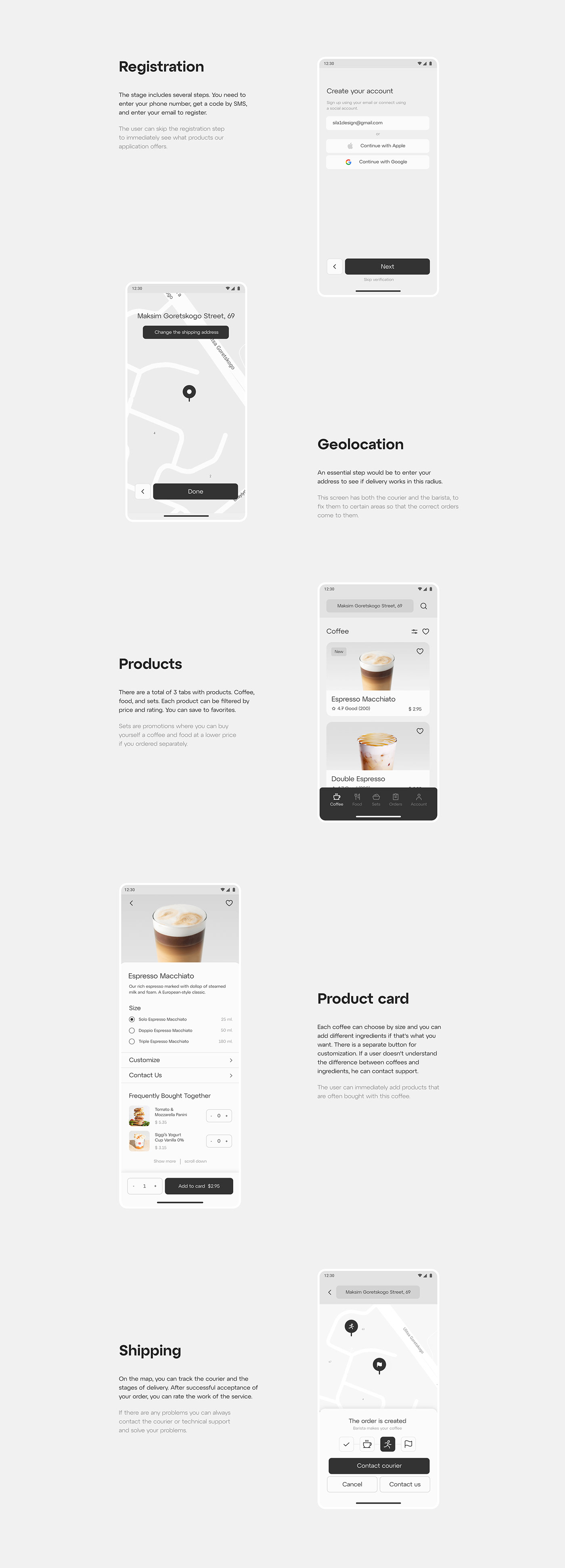 app design black and white Coffee concept delivery minimal mobile UI ux