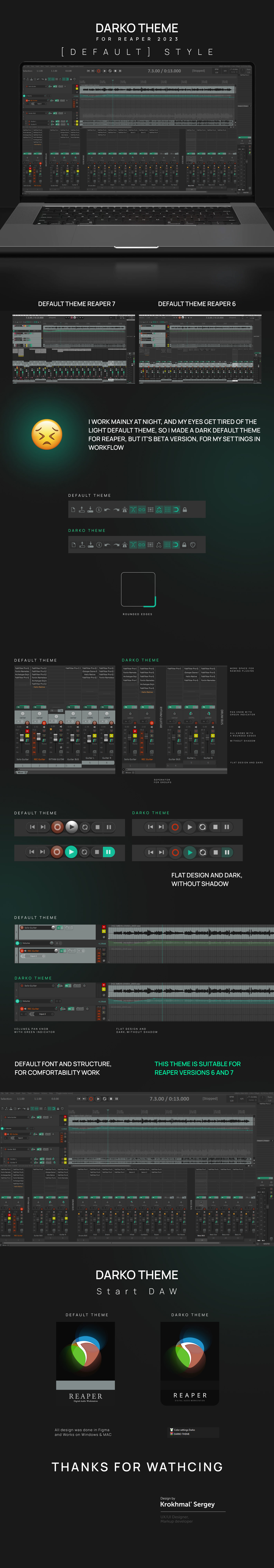 Development of a dark theme for DAW station REAPER Design of elements in flat style.