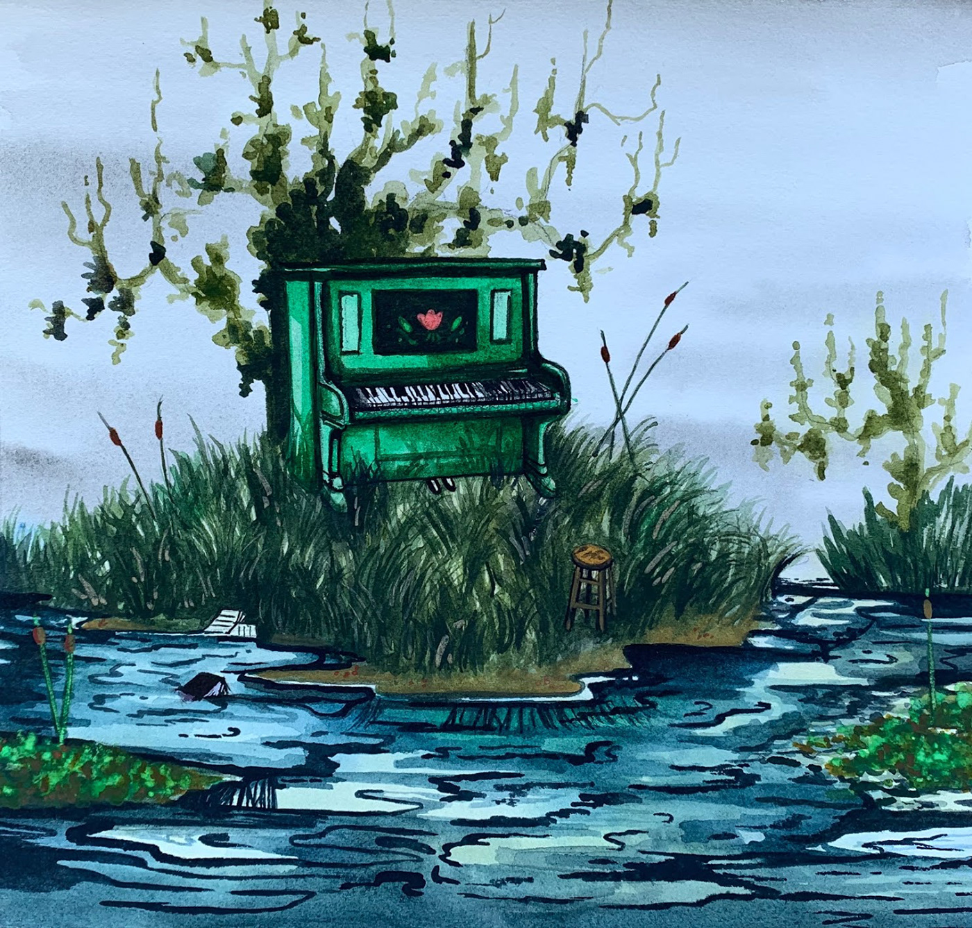 conceptual dreamscape grassland green marshland Piano swamp watercolor willow