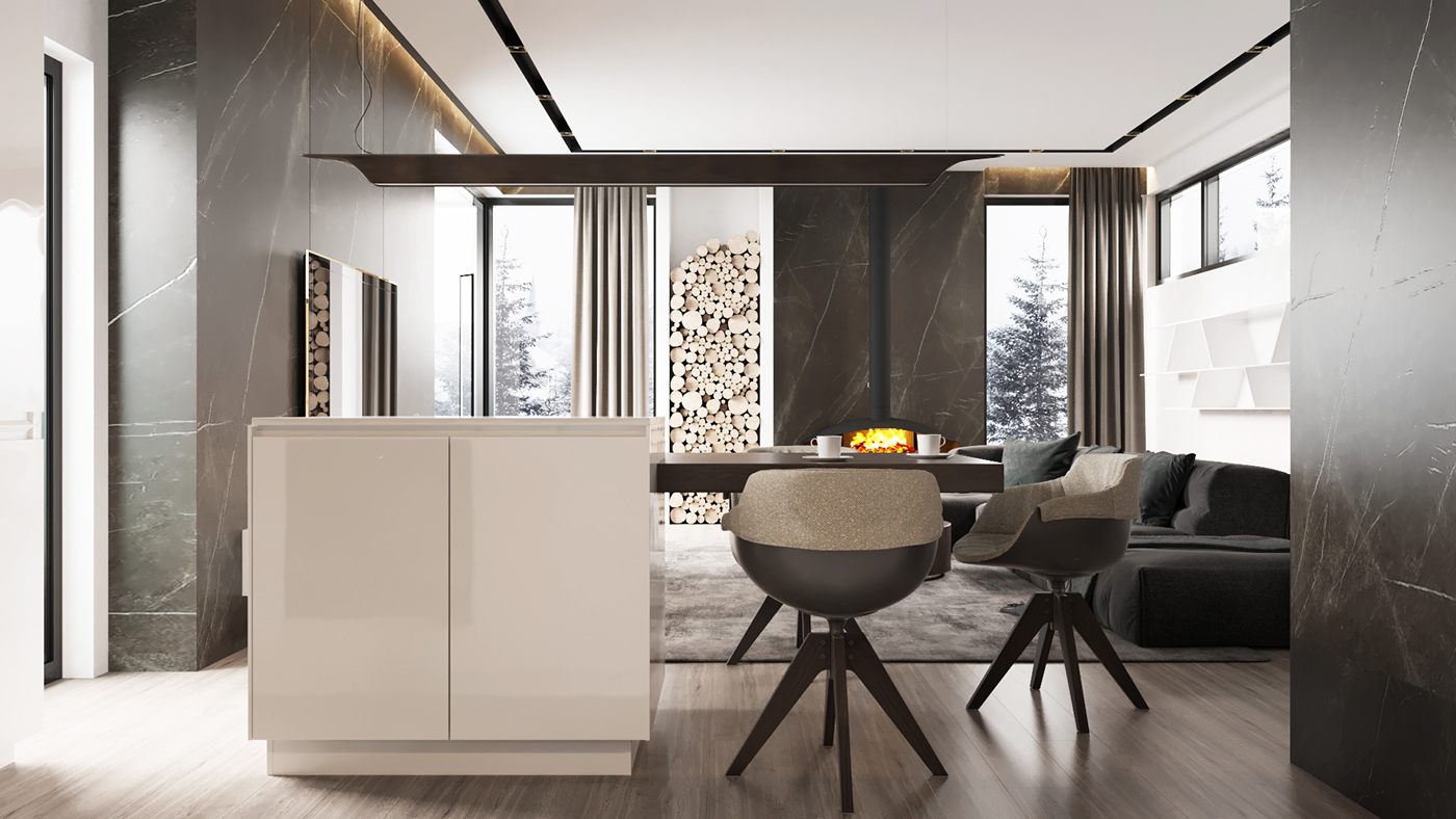 Project 3dsmax caronarender fireplace living dining kitchen luxury B&B