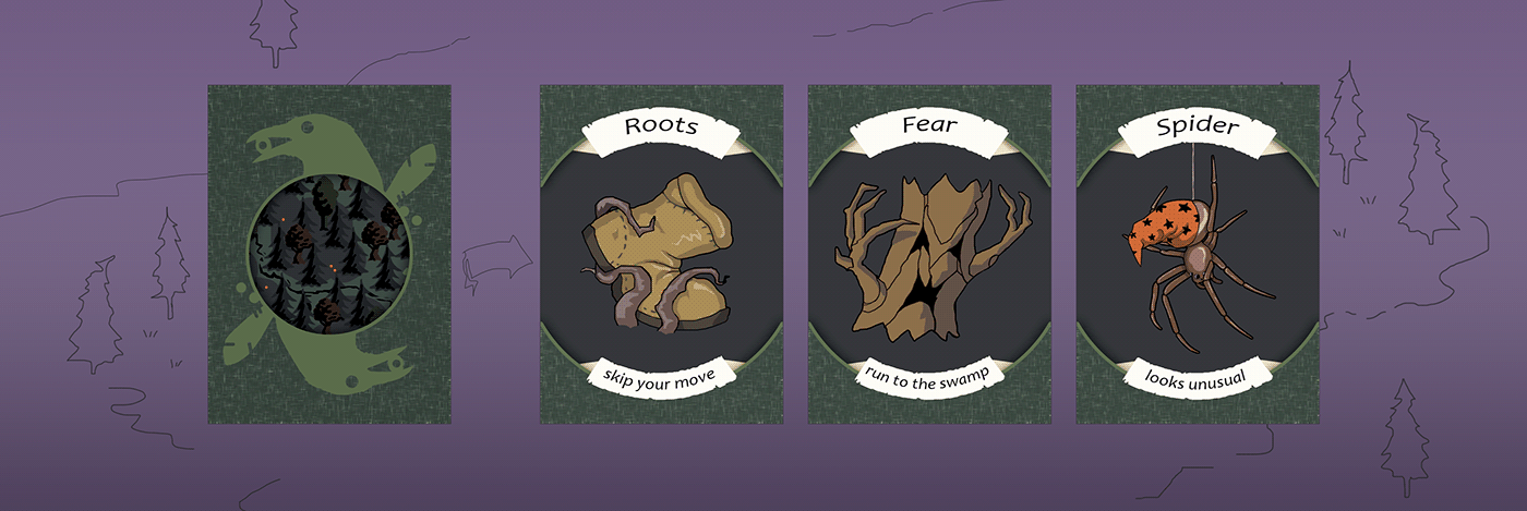 Examples of playing cards for board game Witch Roads: deck of forest.