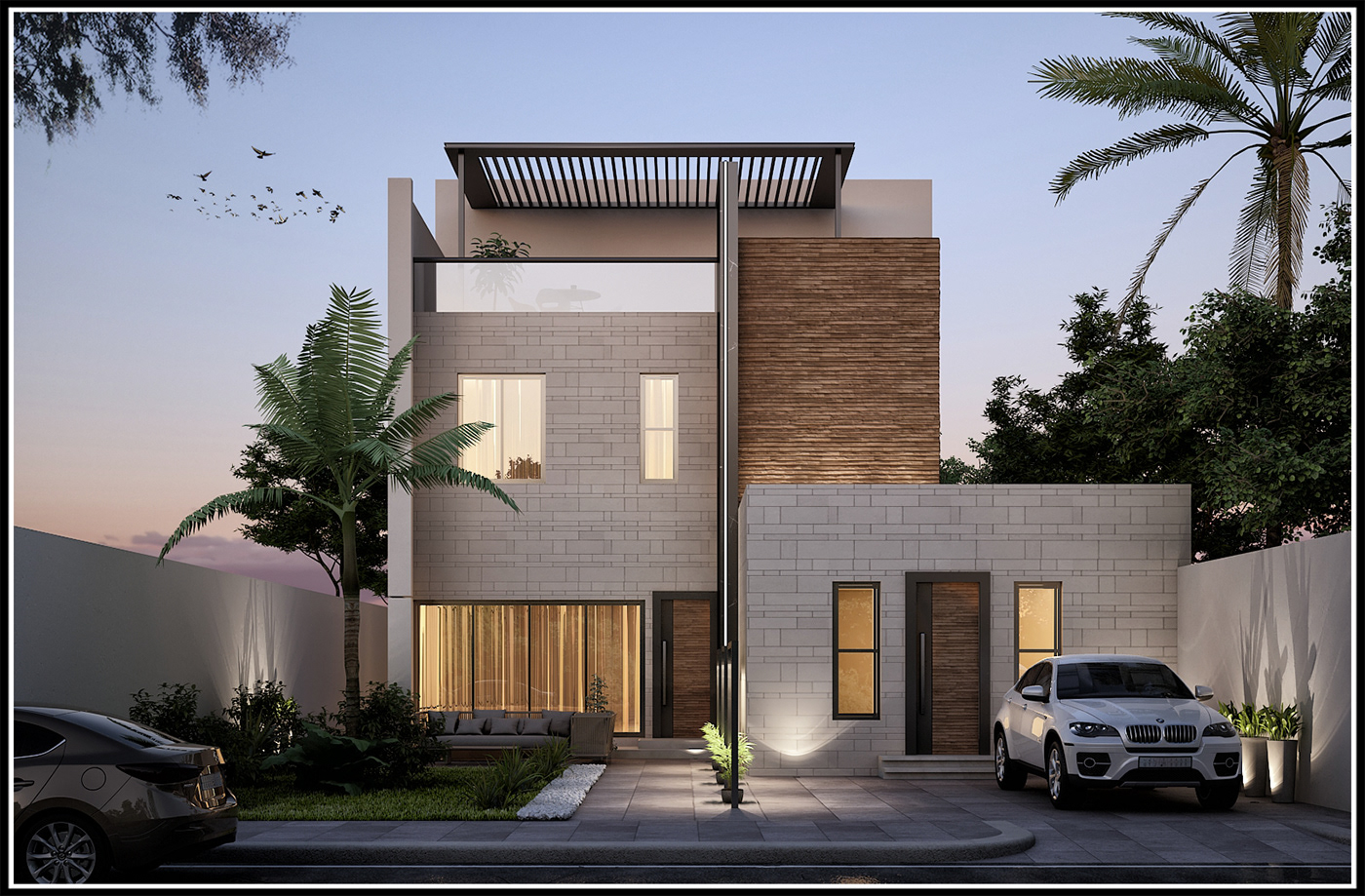 3dmax architecture design exterior facade Freelance modern saudiarabia Stone Cladding Villa