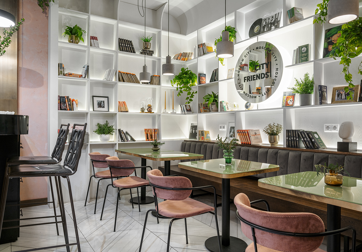 bar brass cafe city design HORECA Interior mirrors pink restaurant