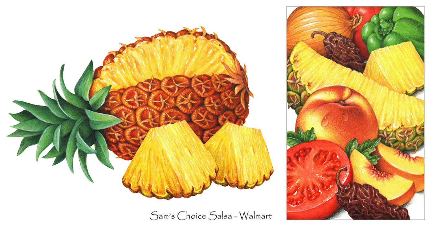 Illustrations with pineapple in them used for packaging.