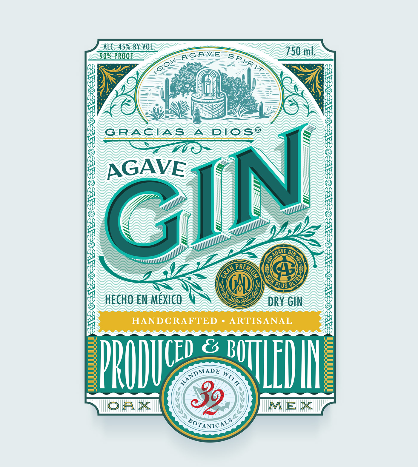 packaging design typographical lettering handcrafted Illustrative mexico gin label botanical cactus