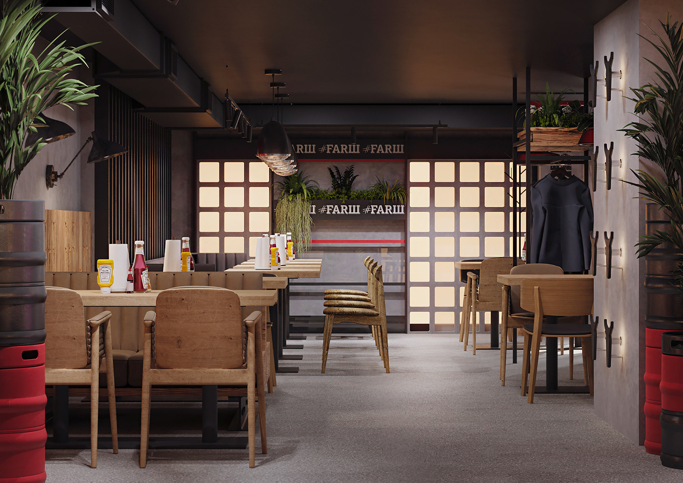 interior design  Fast food burger restaurant asia toilet Street Food LOFT Noodle Shop бар