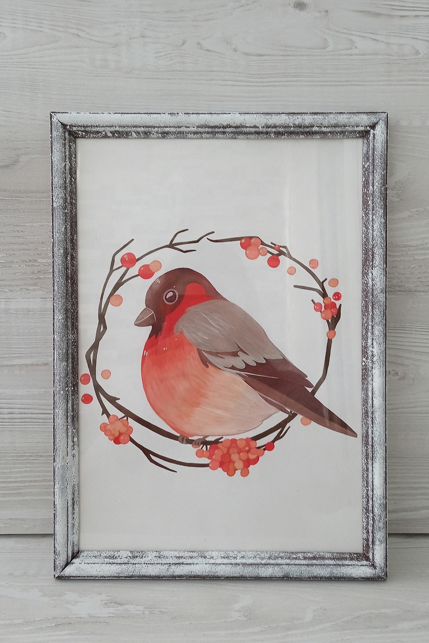 Drawing  artwork Christmas new year winter Holiday bird bullfinch berries painting  