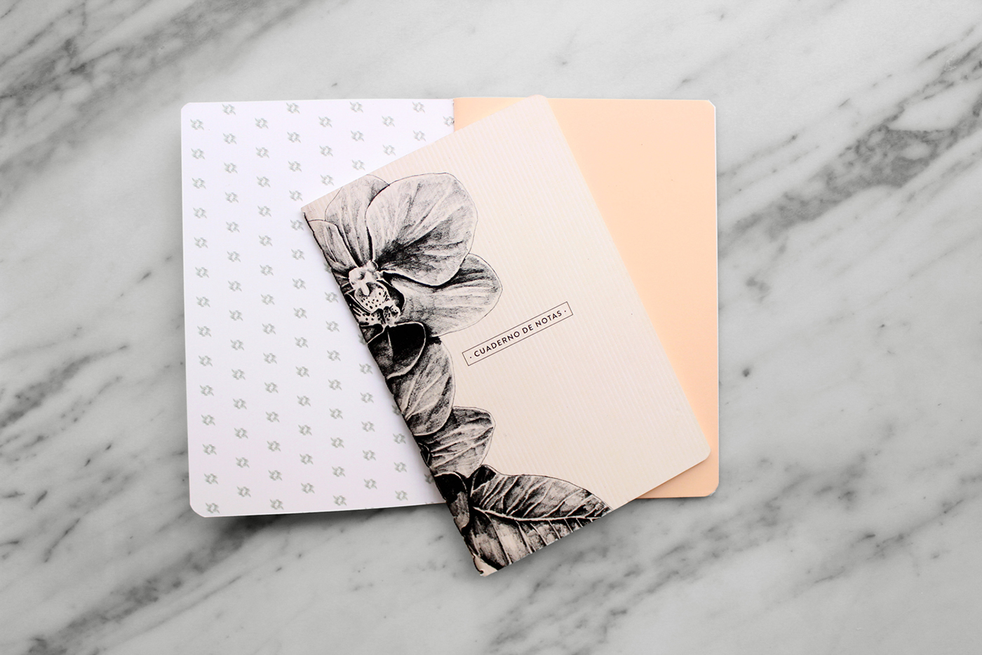 notebook stationary paper SEW skull orchids photographer black and white pink color palette Monochromatic notebooks product pattern