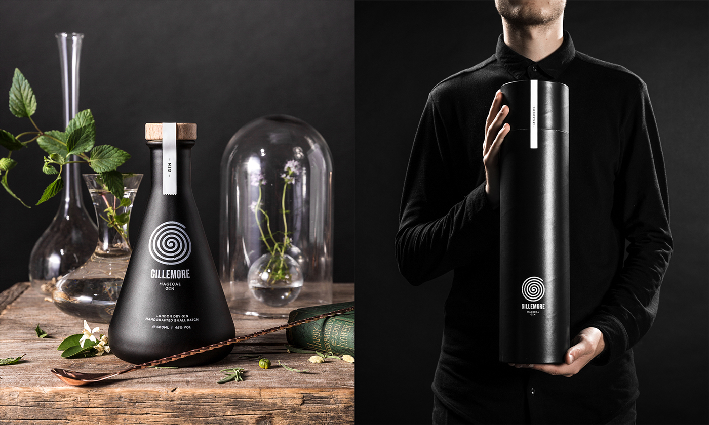 gillemore Magical gin concept graphic design black White bottle liquor premium Botanicals brand identity