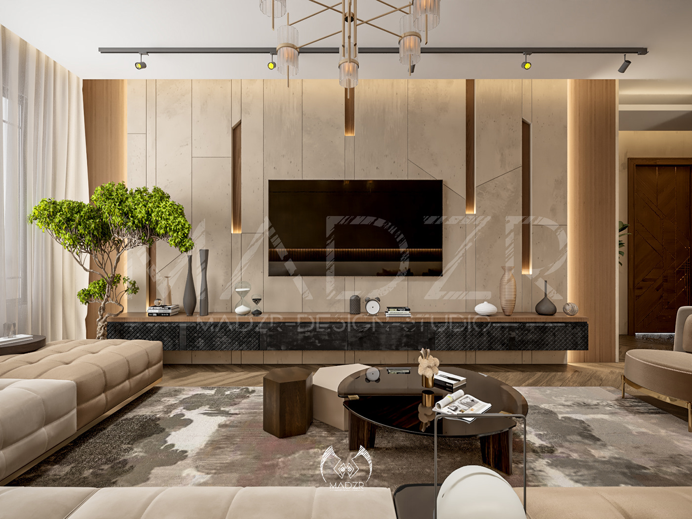 3D 3dsmax beige brown Interior interior design  living room modern simple visualization