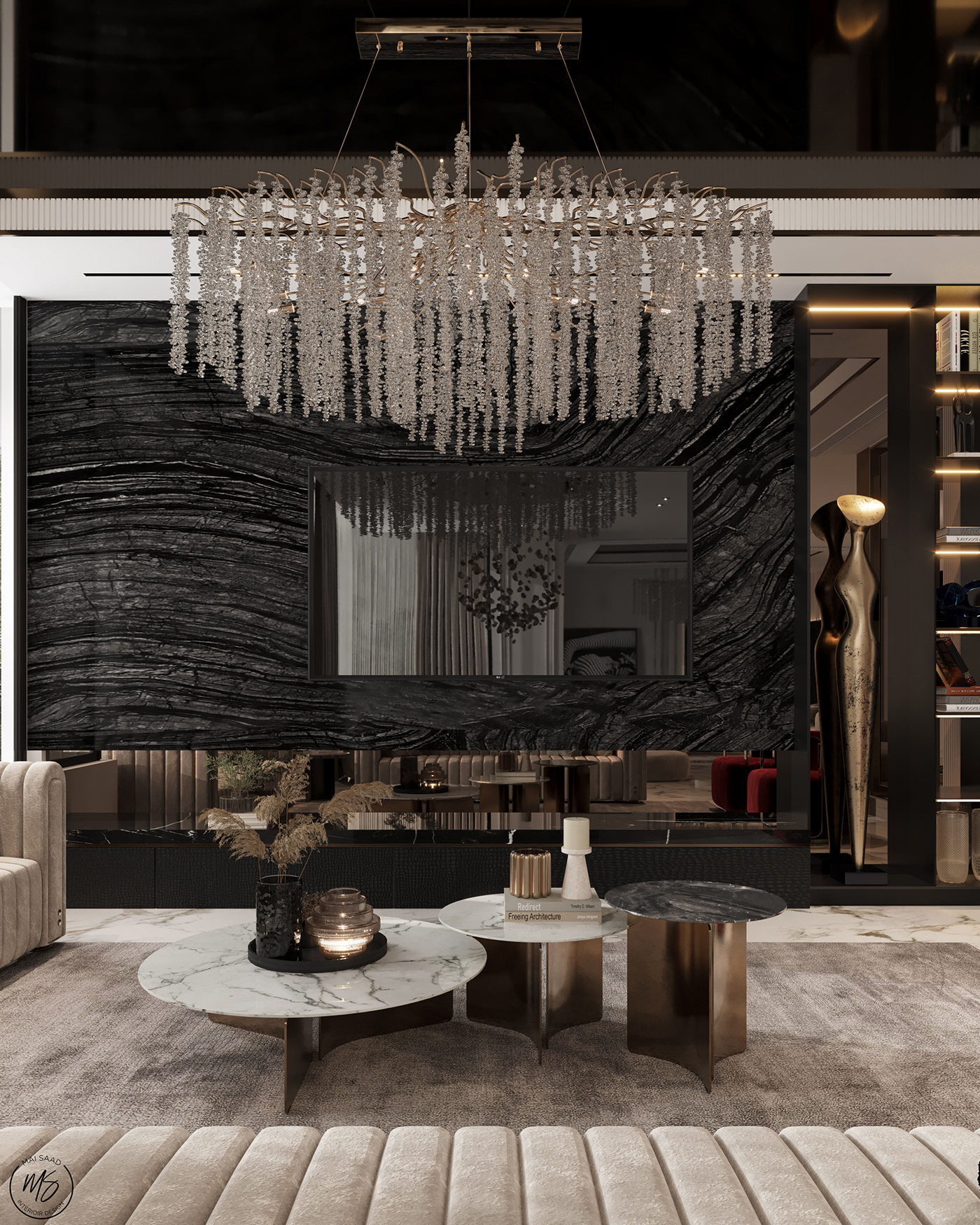modern luxury reception Render architecture visualization 3D 3dsmax corona design interior design  furniture luxurious Marble black dining Entrance residential stairs rendering house Villa Tree  Plant painting   sculpture pattern Covet covethouse dirt mirror red