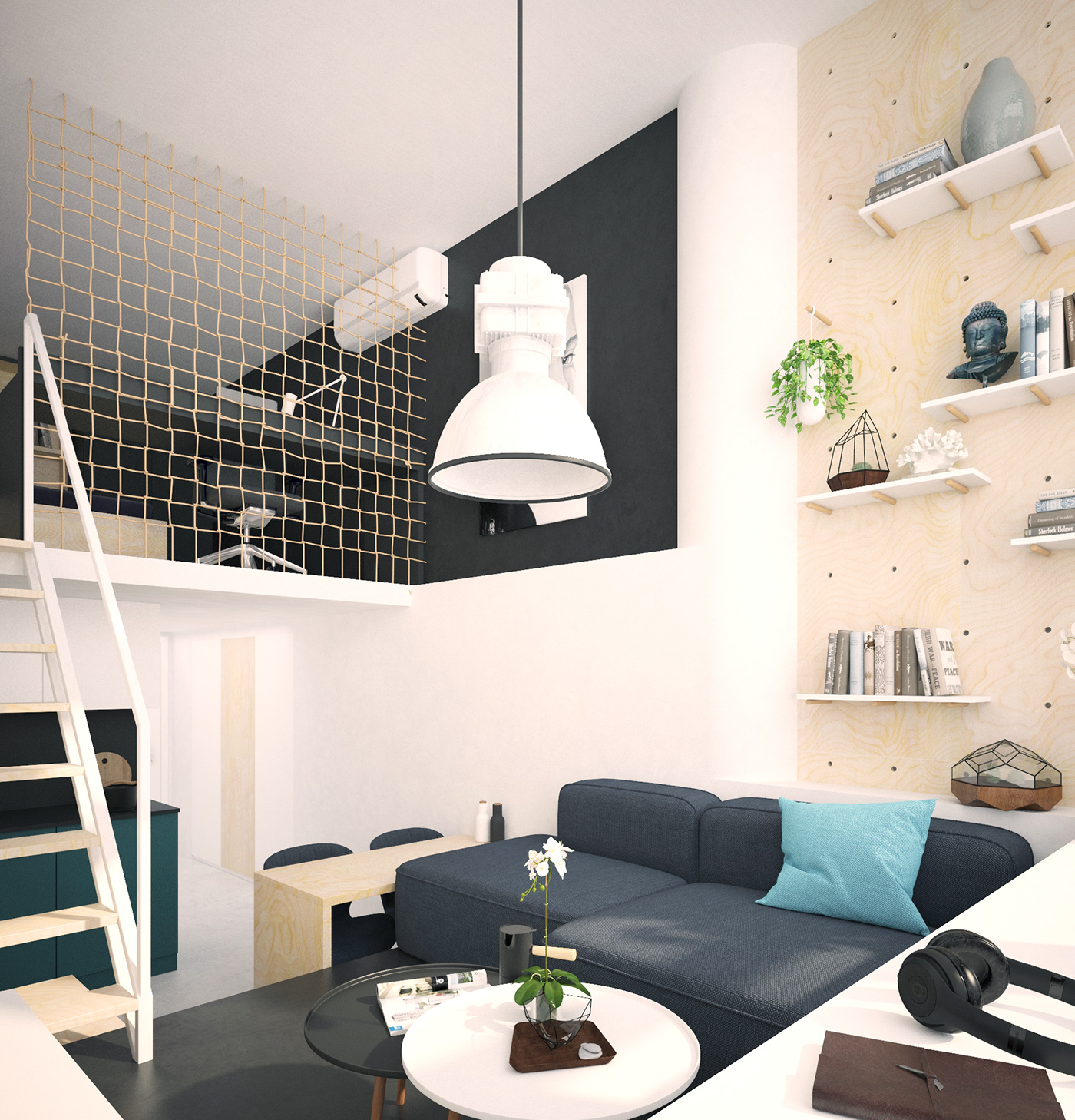 LOFT small Interior modern 3D visualisation kitchen bedroom livingroom