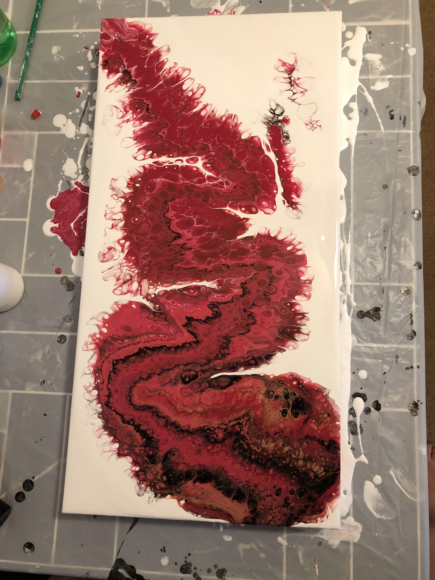 acrylic dirty pour pour red black gold abstract