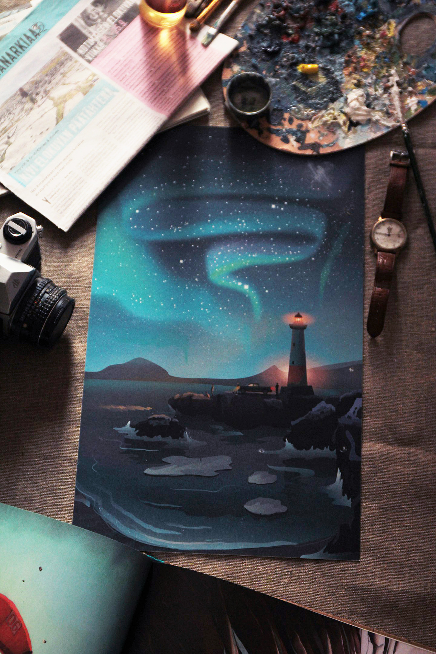 vector poster print Travel Landscape aurora northernlights lighthouse ILLUSTRATION  digital