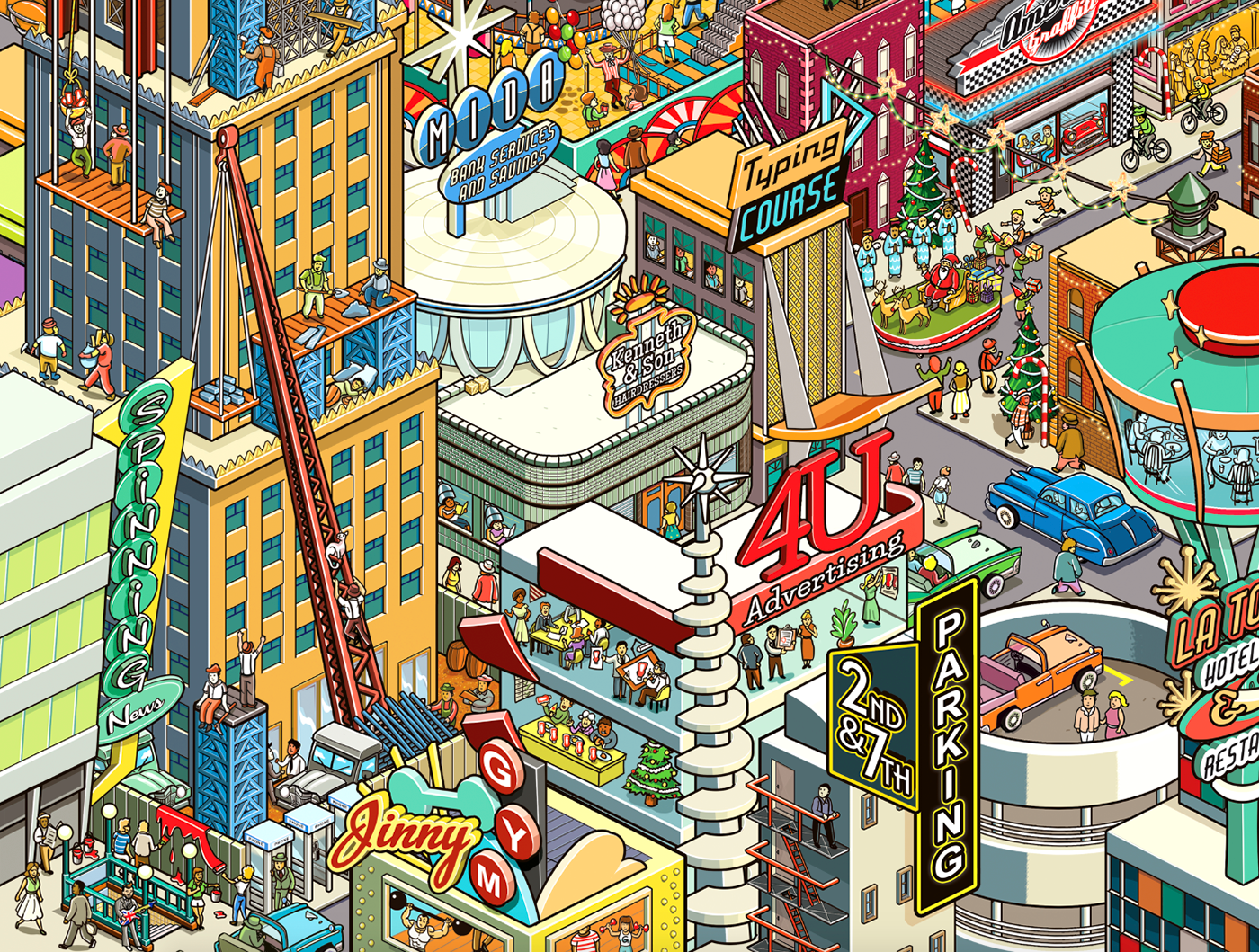 Pixel art Googie Isometric seek and find Where Is Wally detail New York RodHunt IC4Design city