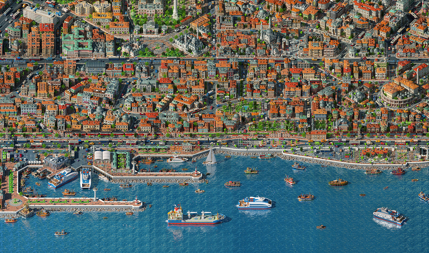 ship Turkey illustratedmap digital illustration map istanbul city Urban eminonu galatatower