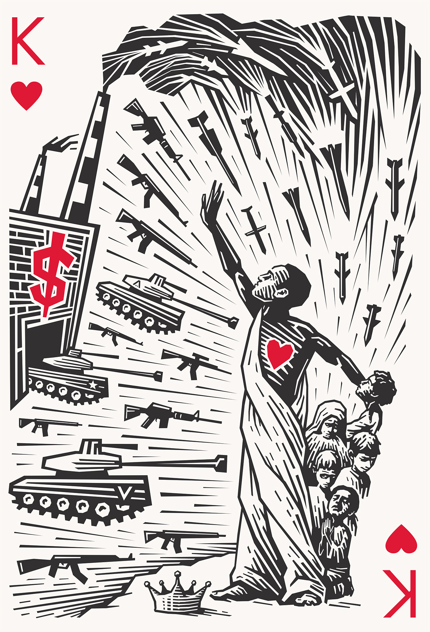 War peace playing card king hearts children money corruption injustice Human rights