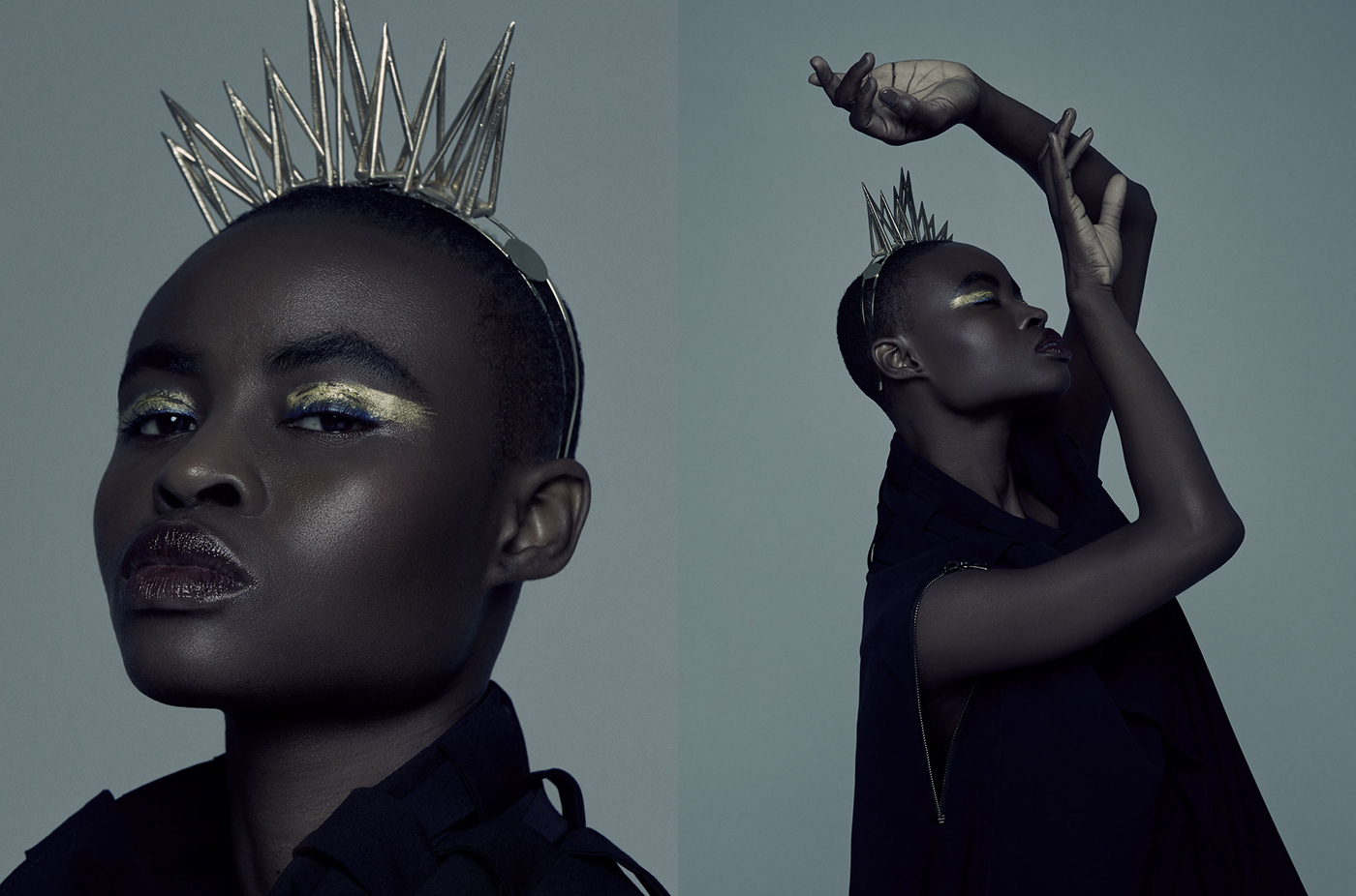 mythology fashion shoot highend fashion avant garde gold dark skin THREE GODDESSES black fashion story retouch