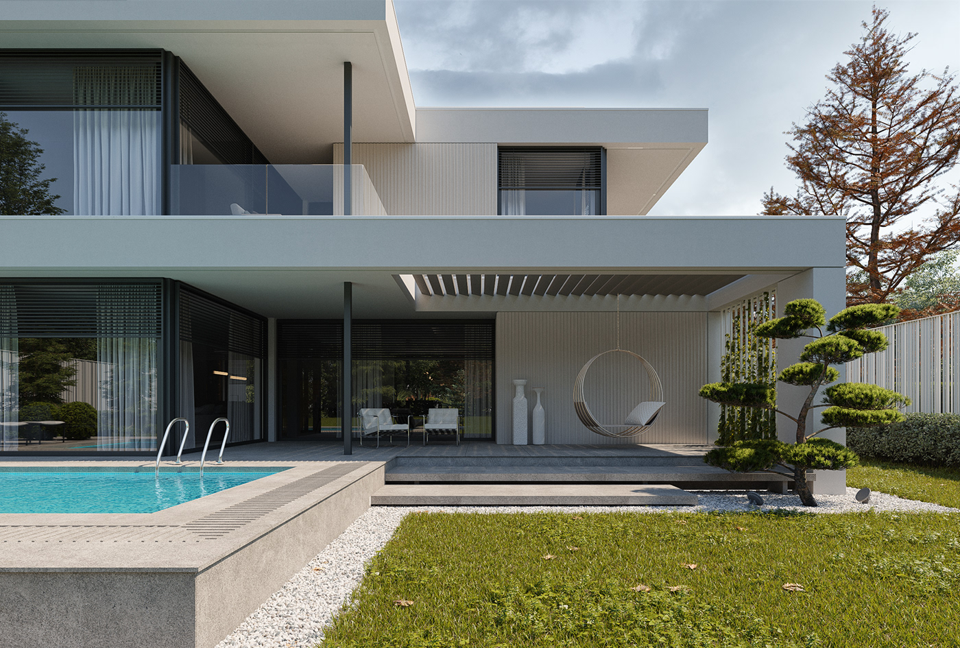 bonsai house exterior visualisation Minimalistic house modern house Modern Villa White House