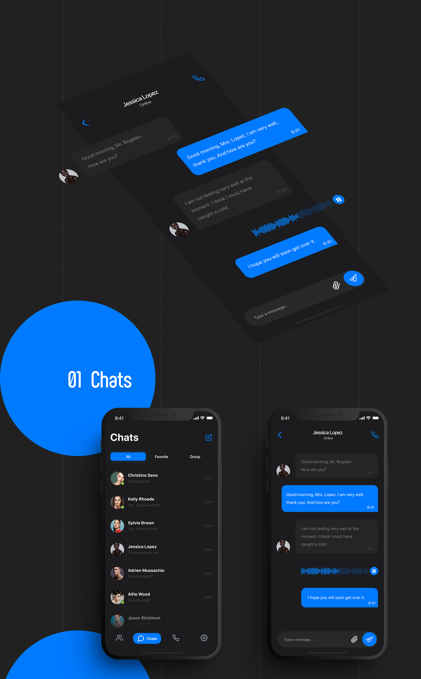 UI ux dark ui Chat design Interface mobile payment voicemail messenger