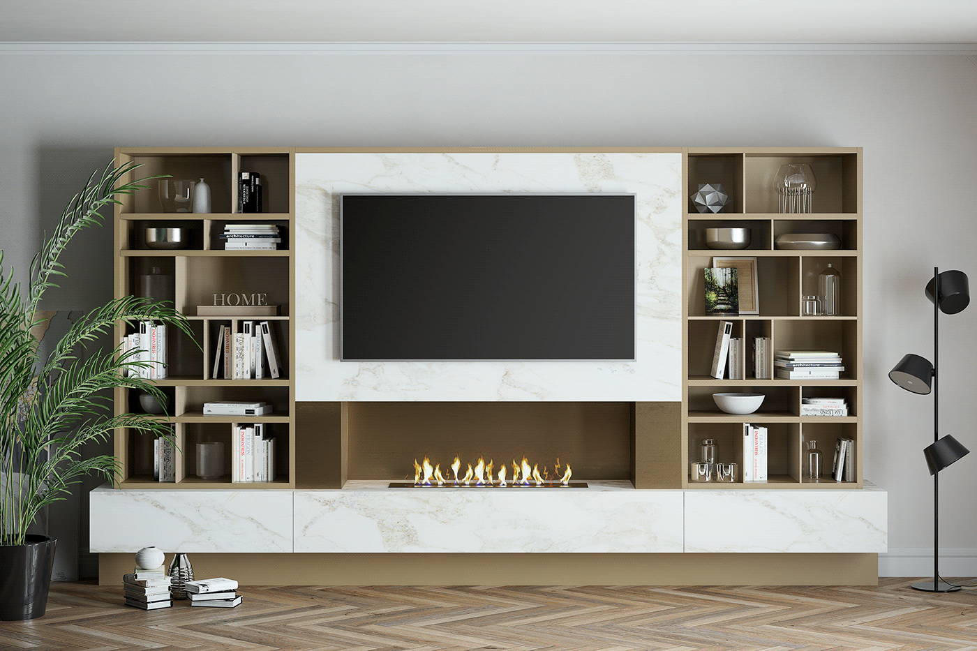 This is a TV furniture whith shelves, lights and fire