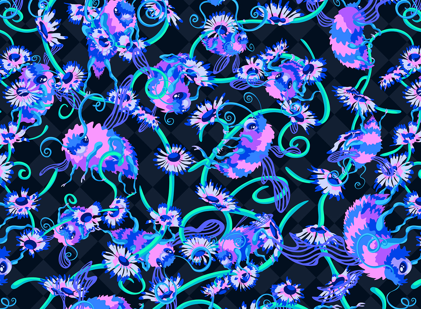 Cute illustrated neon pink and blue bumble bees.