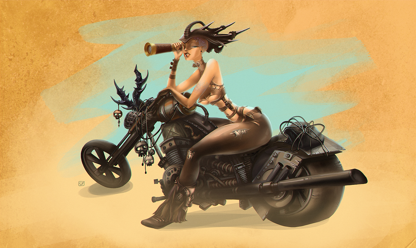 art Character design digital hatra INI girl motocycle monoculars STEAMPUNK punk rock alien leather desert