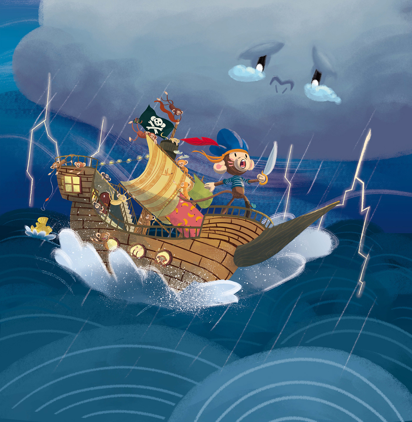 children illustration children's book childrenbookillustration ILLUSTRATION  monkey pirate clouds