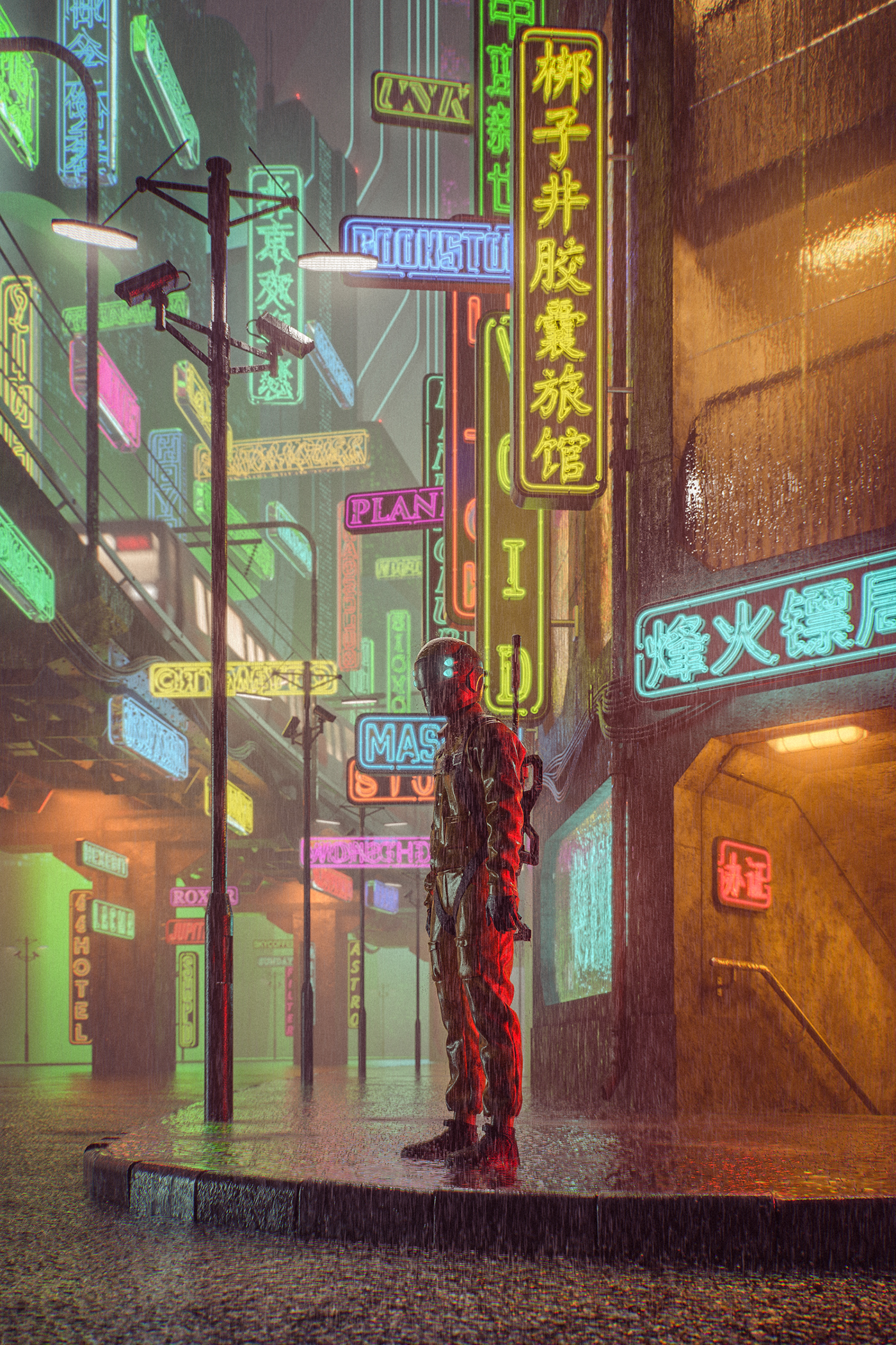 neon sci-fi beijing city environment Cyberpunk cyber CG 3D rain