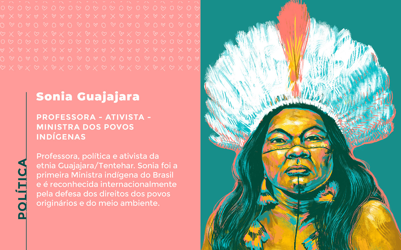 An illustrated portrait of  Sonia Guajajara the first indigenous people minister in Brazil.
