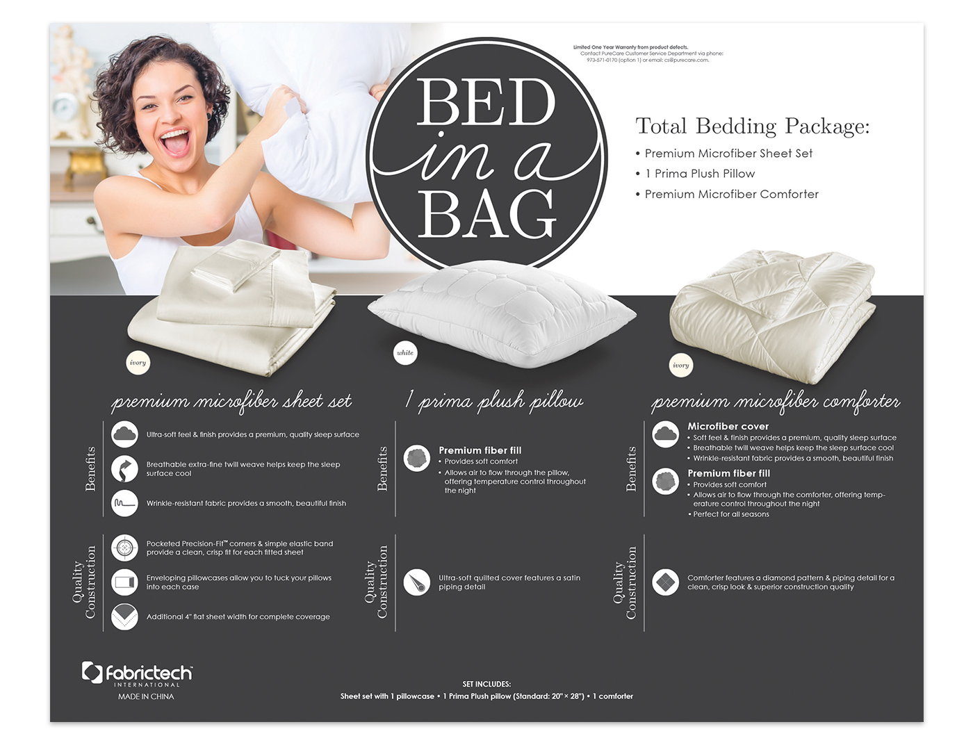 Bed-In-A-Bag bedding PureCare Fabrictech Packaging tear sheet set bed sleep lifestyle