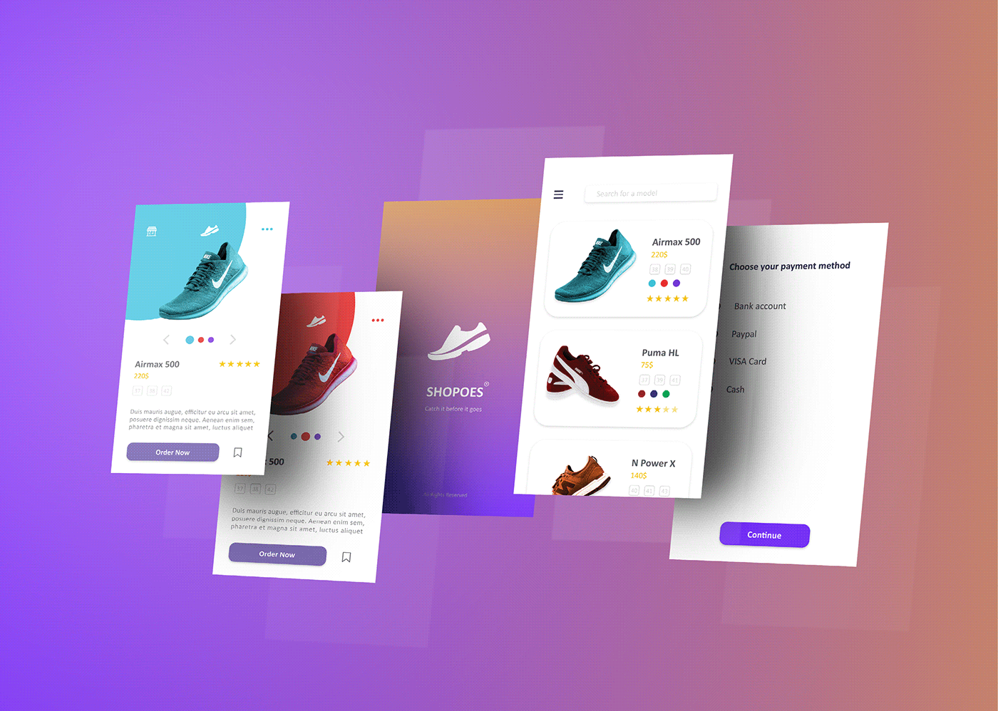 android ios Mobile Application Order Save quantities save time shoes Shoes store UI/UX xD