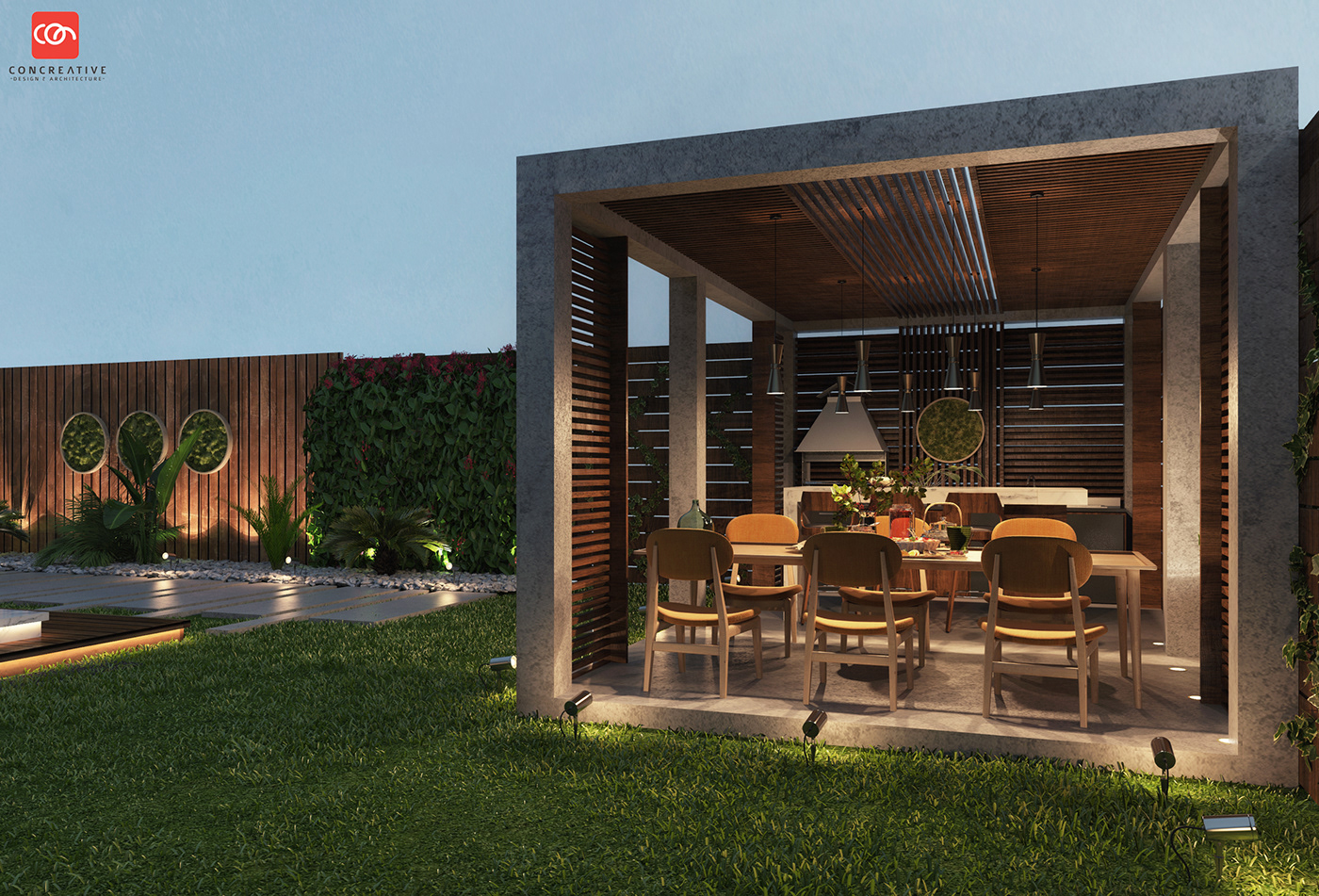Villa modern garden backyard Landscape pergola green wood dubai