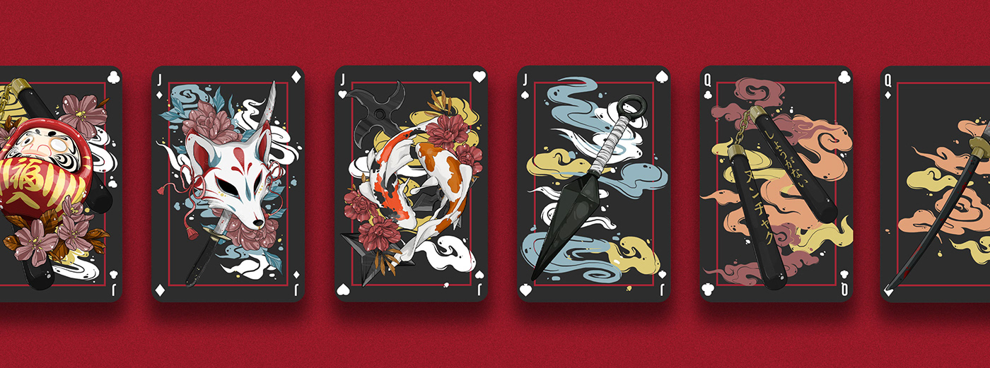 deck graphic design  ILLUSTRATION  japan Japanese Weapons kitsune kunai nunchaku Playing Cards shuriken