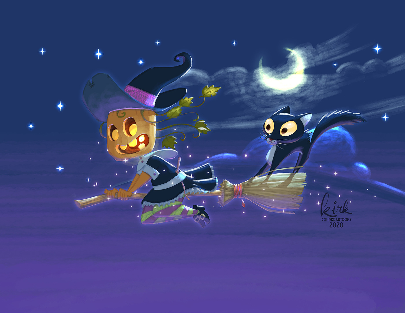 Black Cat Familiar Jack o Lantern Magic   moon pumpkin stars witch