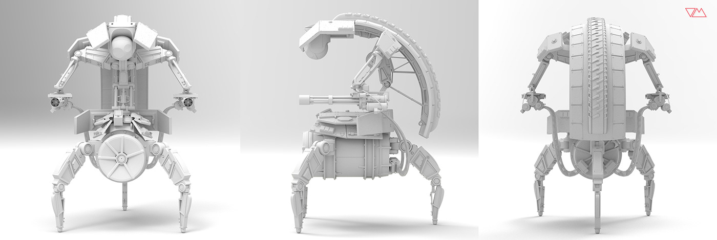 3D colne wars droid Droideka hard surface mech Military Minigun robot star wars