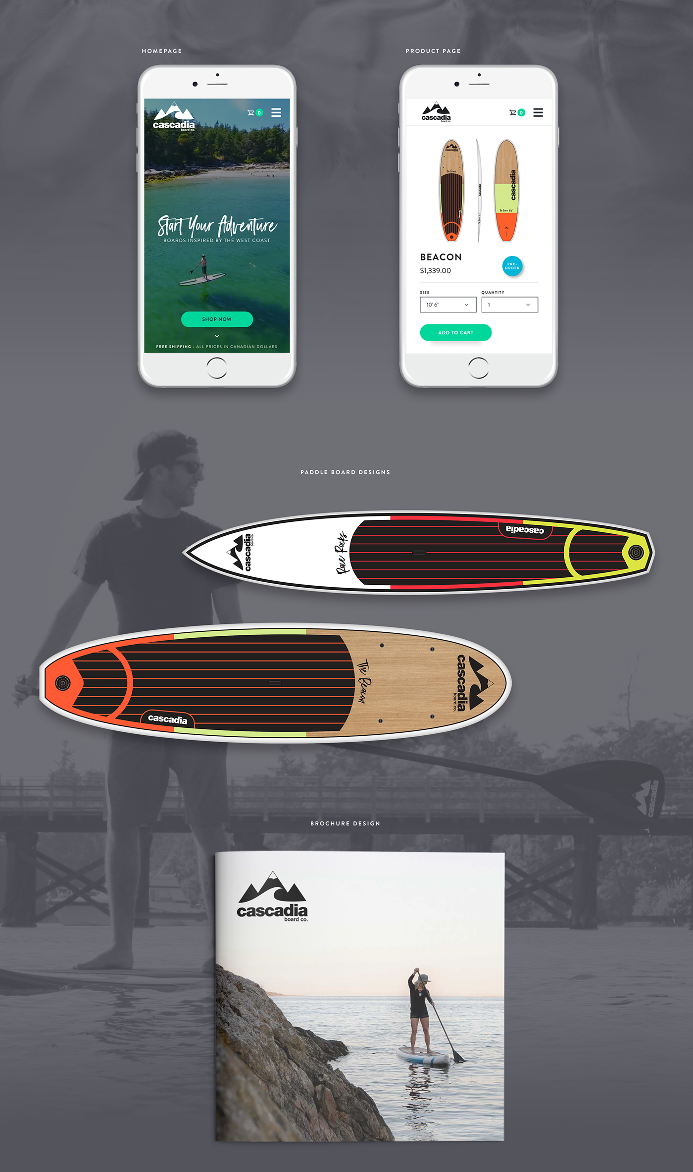 Website homepage surfing sup Canada paddle board skimboard brochure Shopify shop