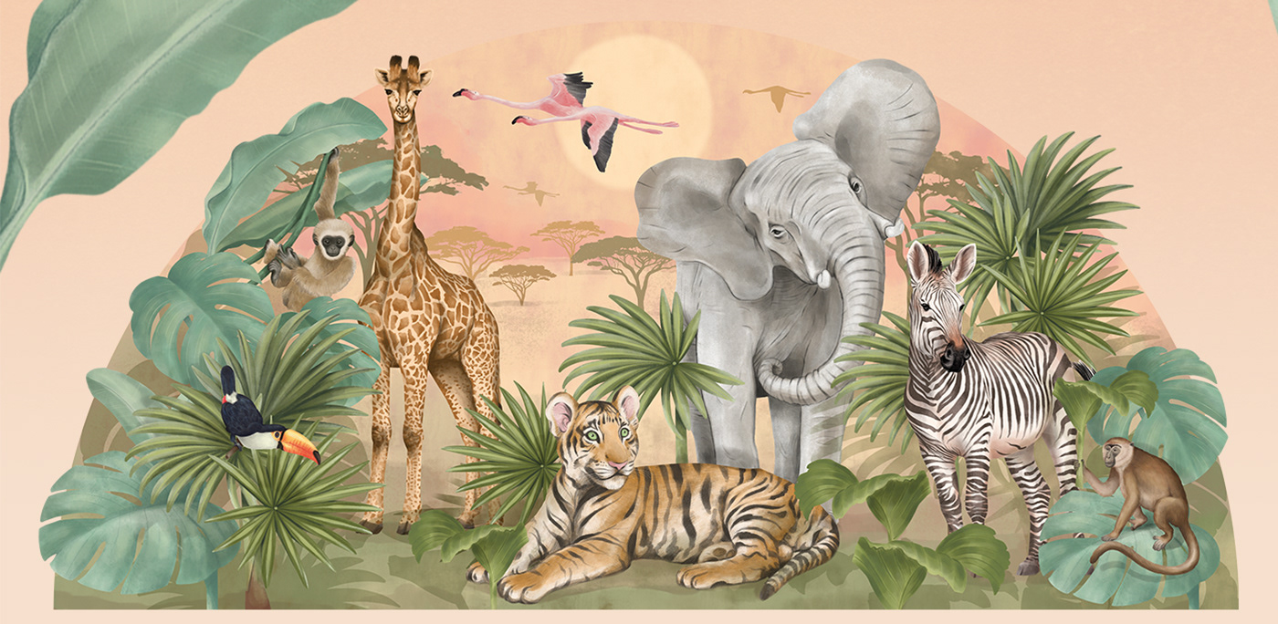 animals elephant giraffe ILLUSTRATION  monkey Room decoration safari tiger wall stickers watercolors
