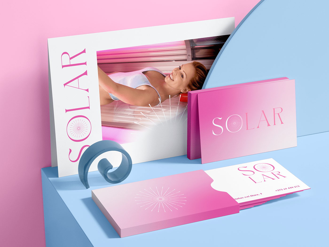 solar solarium pink visual identity blue stationary 3D minimal modern