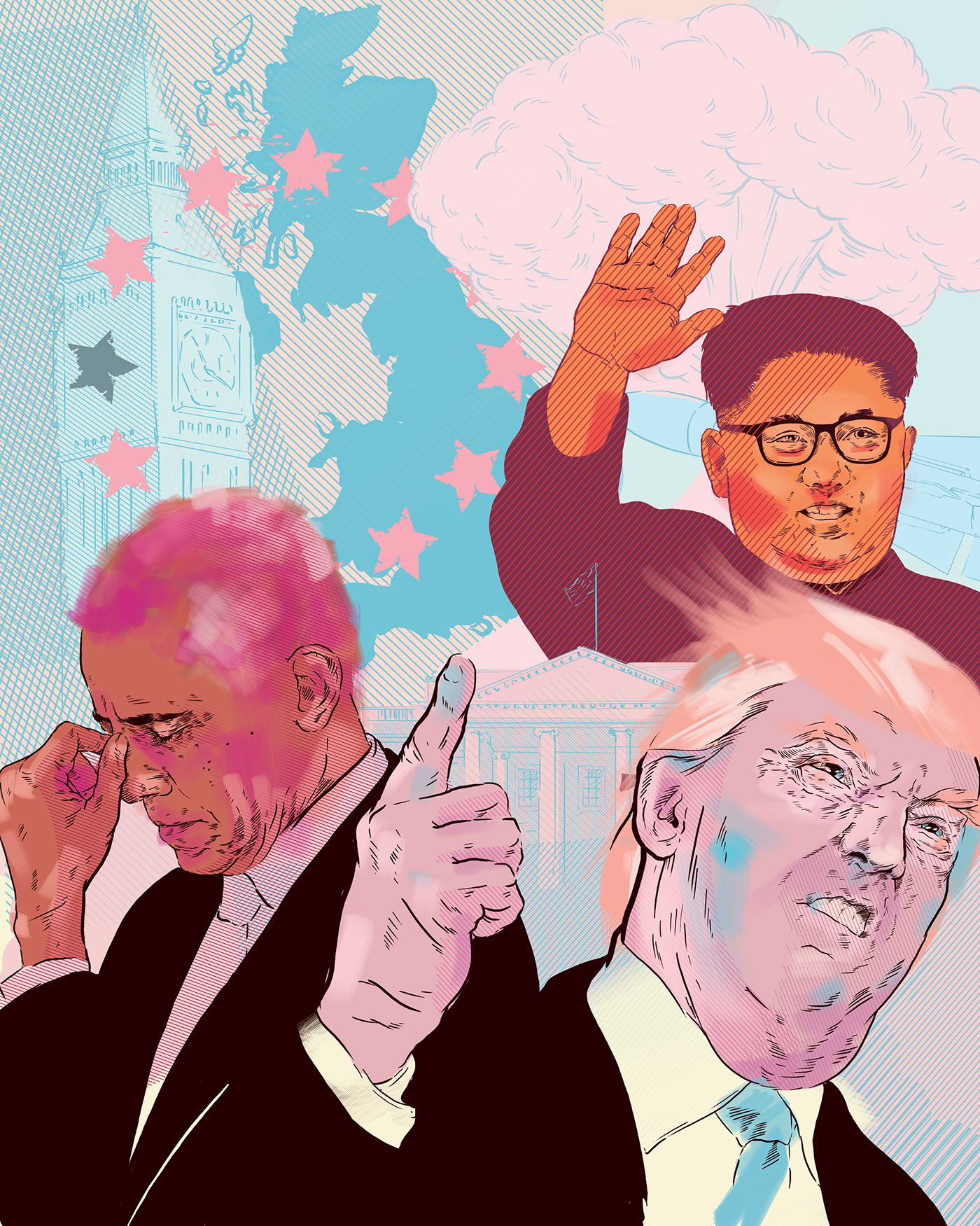 Barrack Obama Donald Trump Kim Chong big ben nuclear asshole villaign White House politics portrait