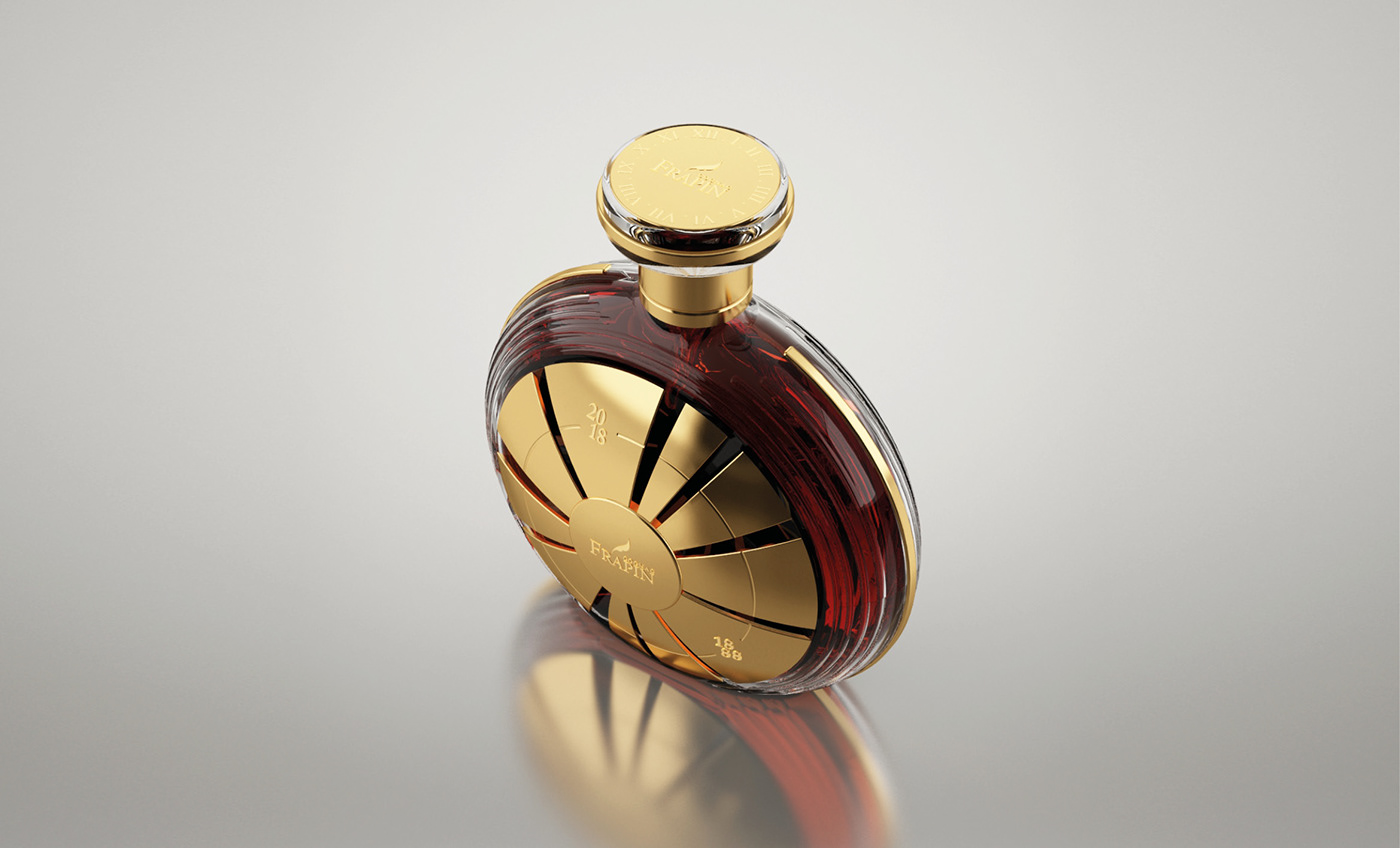 frapin Cognac bottle product design  design luxury crystal Laiton 3D rendering