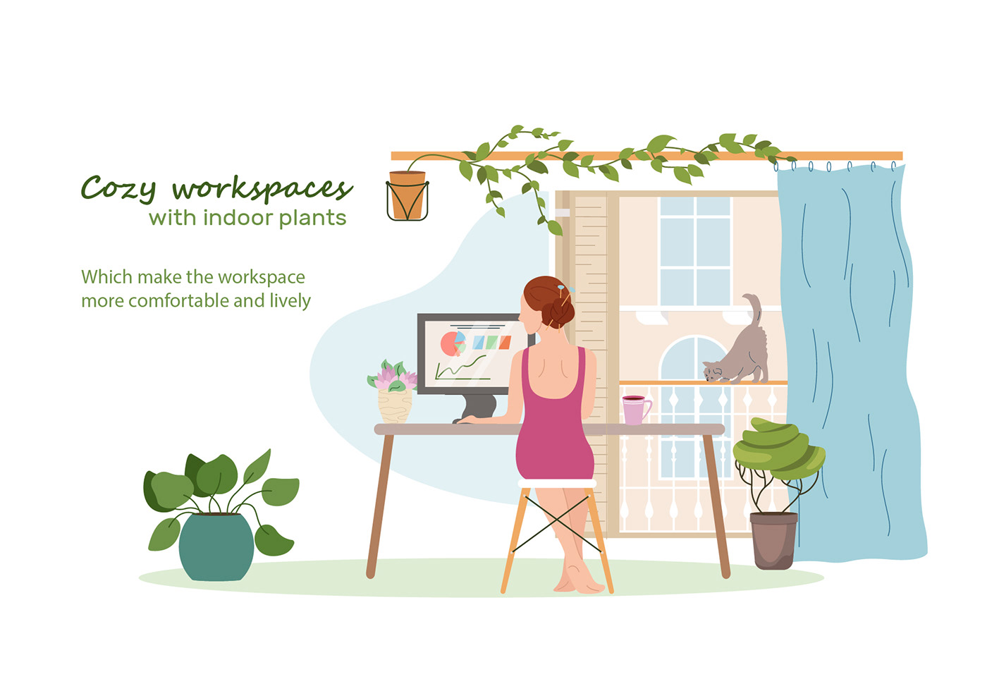 ILLUSTRATION  adobe illustrator vector flat workspace plants person workplace