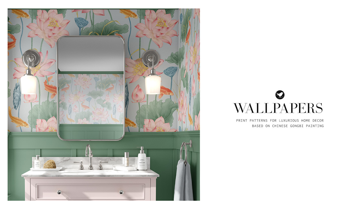 Wallpaper in the interior. Elegant wallpaper with lotuses and koi fish on a light background