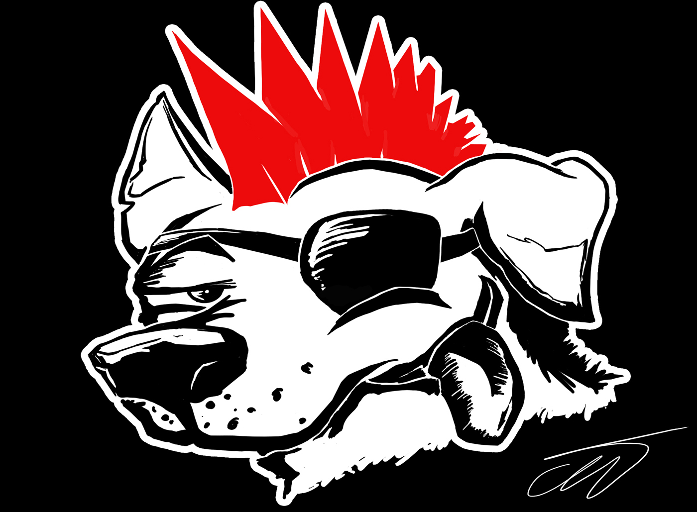 dog punk mohawk eye patch cartoon black and white black White red