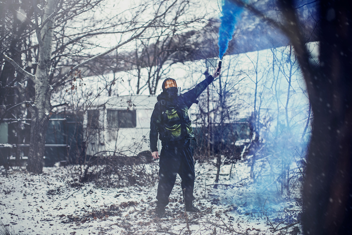 mask apocalypse cyan LEDlights purple Scifi smoke survival winter woods